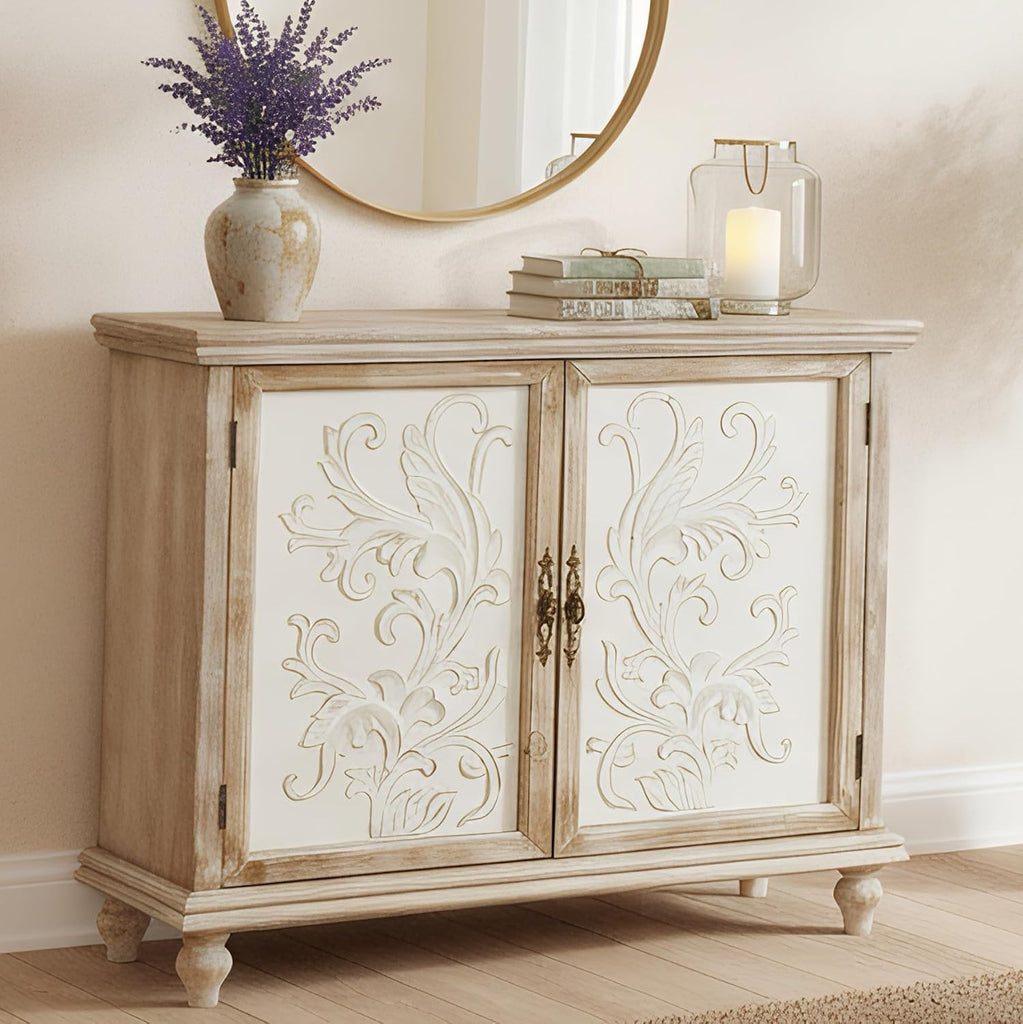Storage Cabinet, Vintage Distressed Sideboard, Accent Cabinet with 2 Floral-Carved Doors, Buffet Cabinet with