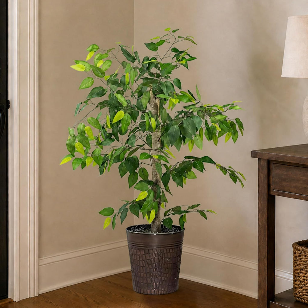 Artificial Tree 4ft Artificial Ficus Tree in Copper Metal Pot by - Faux Indoor Plant with Real Wood Trunk, Fully