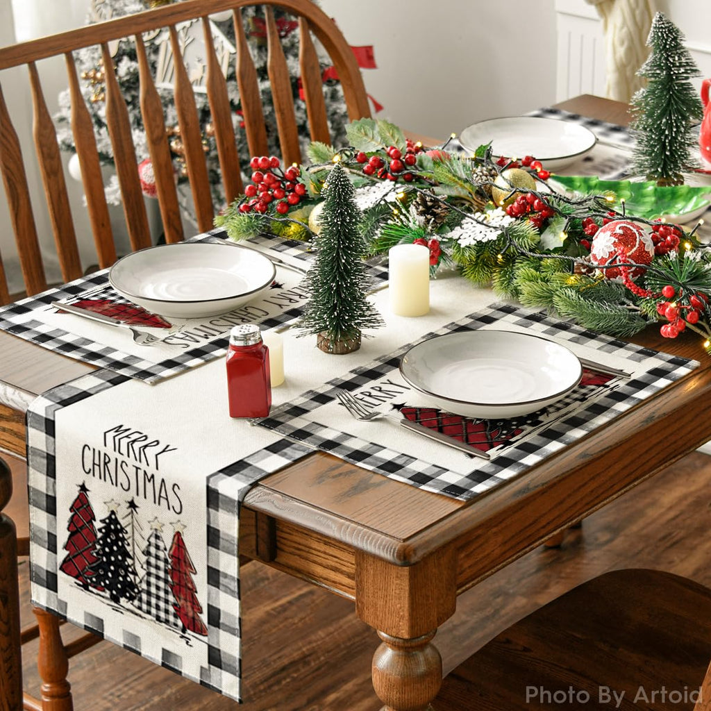 Waterclor Buffalo Plaid Christmas Trees Placemats Set of 8, 12x18 Inch Winter Table Mats for Outdoor Home Party