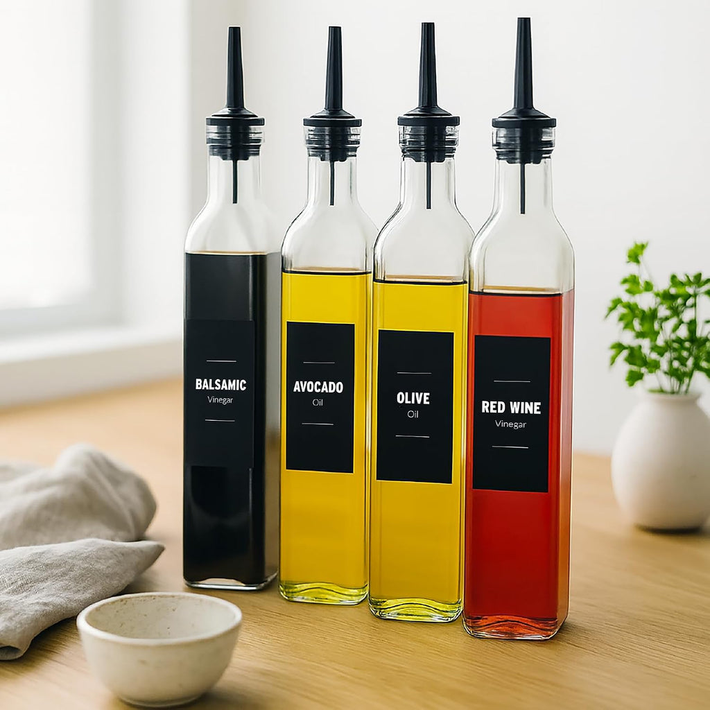 Olive Oil & Vinegar Dispenser Bottle Set with Stainless Steel Pourer, Funnel & Labels - Glass Kitchen Oil Cruet - Set of 4