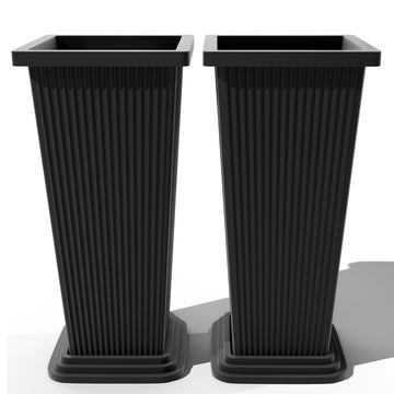 Set of 2 Tall Planters for Outdoor Plants, Black Ribbed