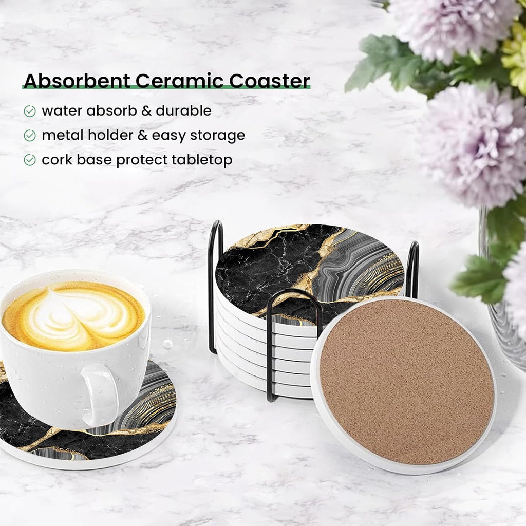 Black and Gold Coasters for Drinks,Round Absorbent Ceramic Stone Coaster with Metal Holder Stand,Black Gold - Set of 6