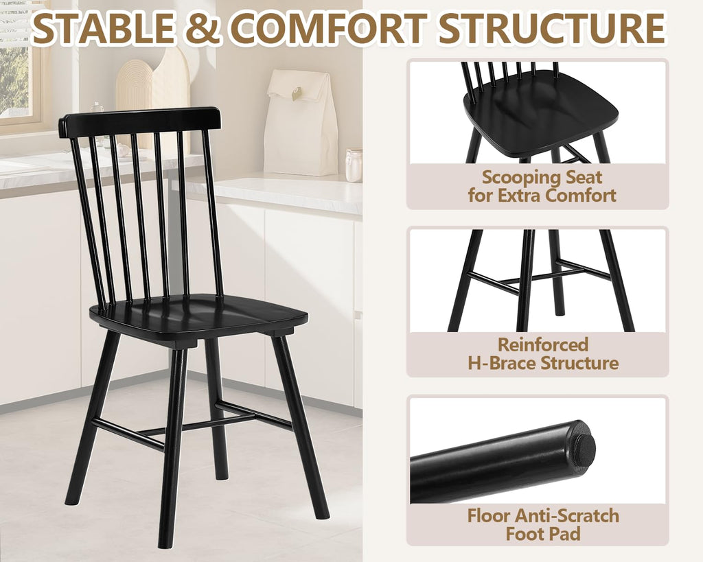 Windsor Dining Chairs Set of 4 with Spindle Back, Black
