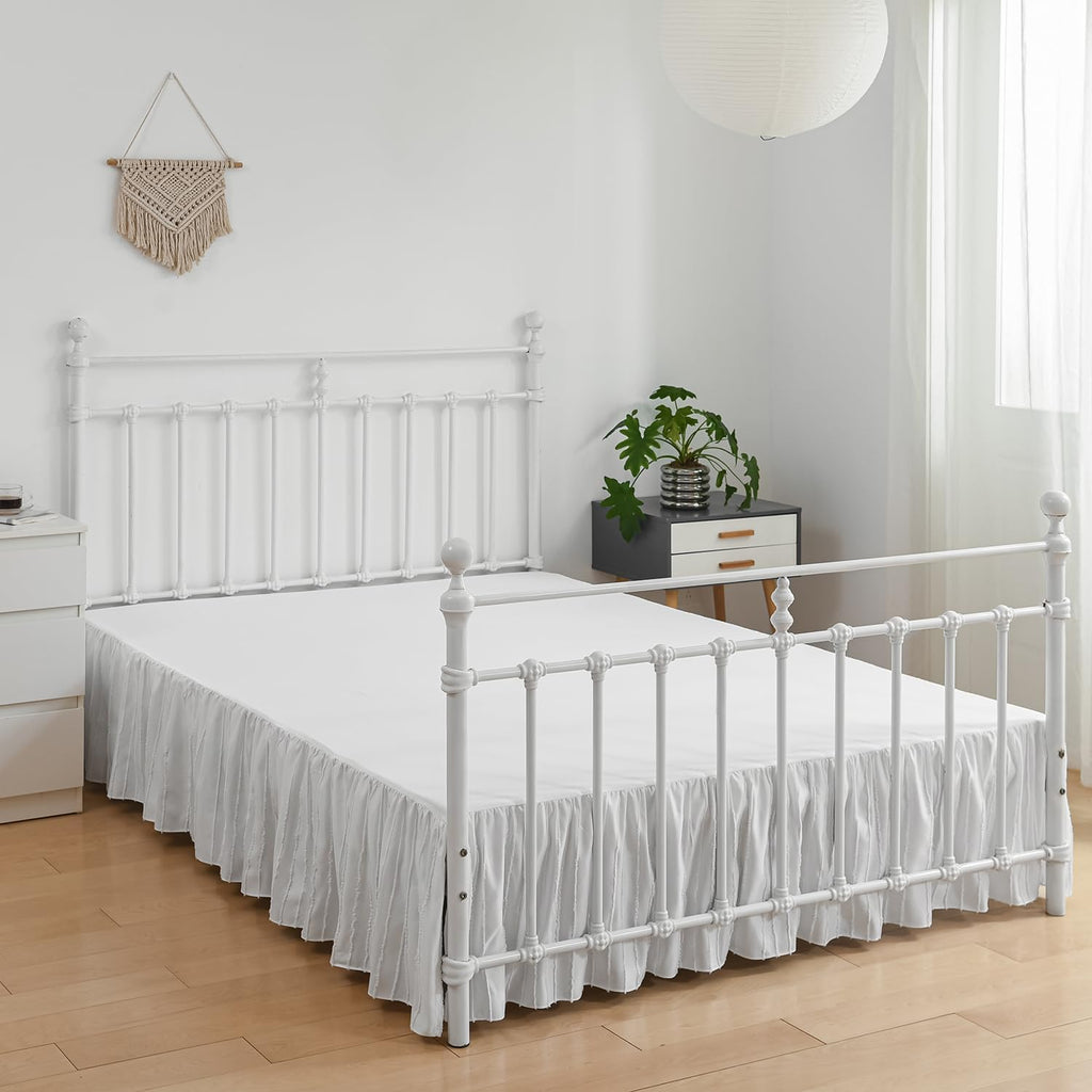 Bed Skirt Queen Size, Ruffled Bed Skirts 14 Inch Drop, White | Striped Boho Tufted, with Split Corners, Easy Fit