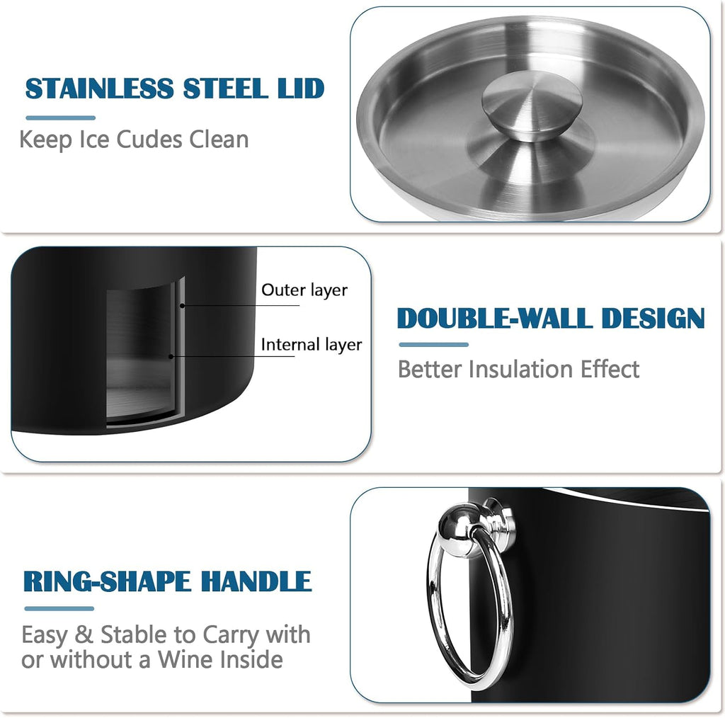 Ice Bucket with Lid & Tong- Well Made Insulated Stainless Steel Keep Ice Frozen Longer