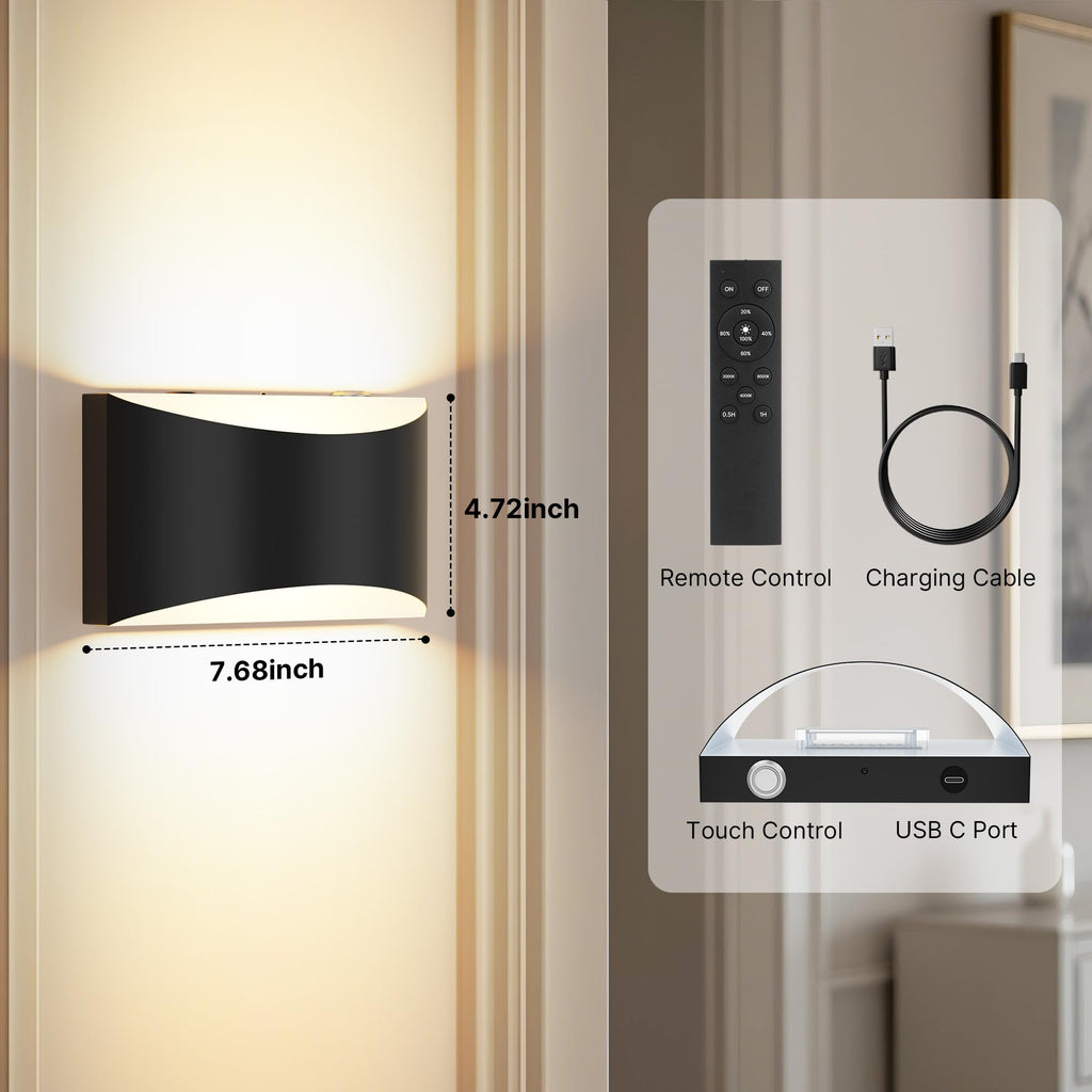 Battery Operated Wall Sconces Set of 2 Rechargeable Wireless Black