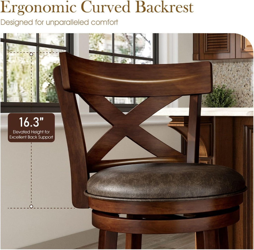 Swivel Bar Stools Set of 4, 30 Inch Bar Height Barstools with Cross Back & Solid Wood Legs,Faux Leather