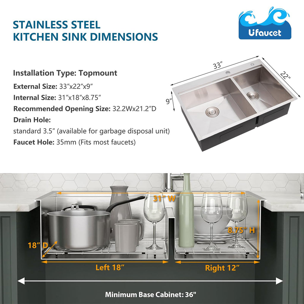 33x22 Inch 60/40 Double Bowl Kitchen Sink Drop In, 33 Inch Topmount Ledge Workstation Sink, 16 Gauge Stainless Steel
