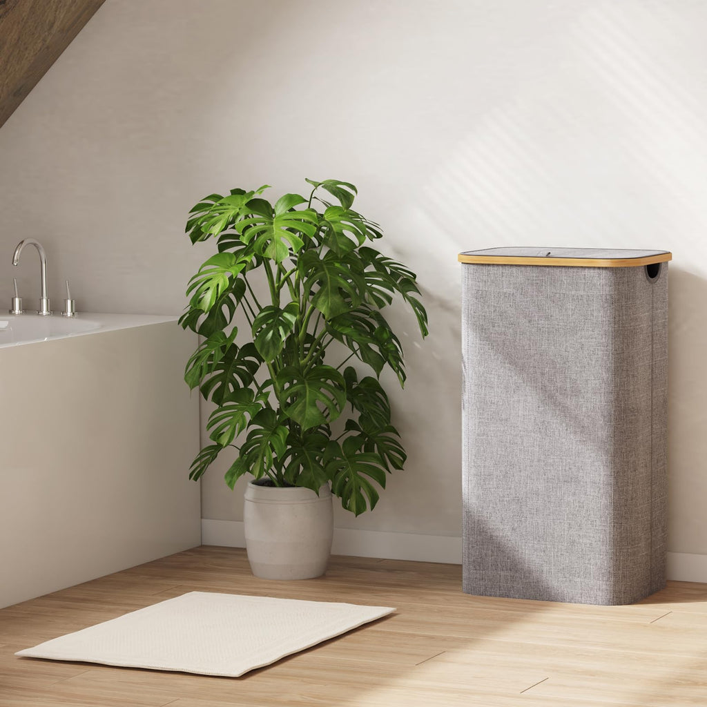 105L Large Laundry Basket with Lid, Removable Bags, Light Gray