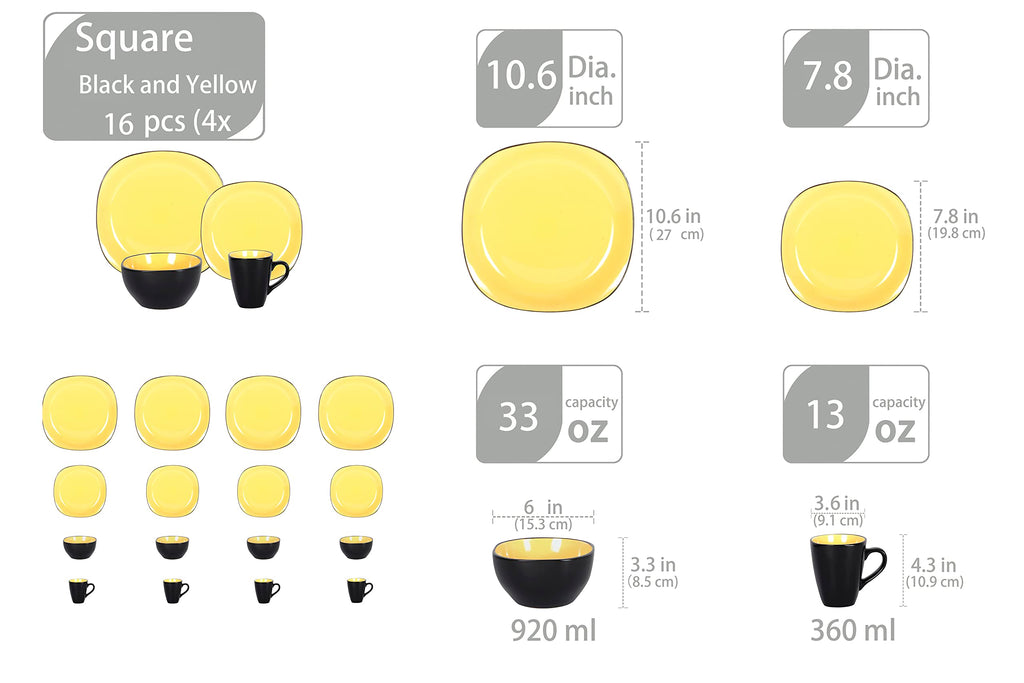 Stoneware Square 16pc Dinnerware Set, Inside Shiny Yellow + Outside Matte Black