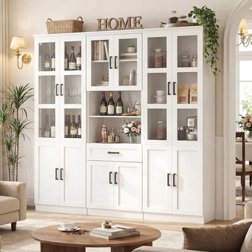 80" Tall Kitchen Pantry Storage Cabinet with Doors and Shelves | Freestanding Kitchen Hutch Pantry Cabinet with Glass