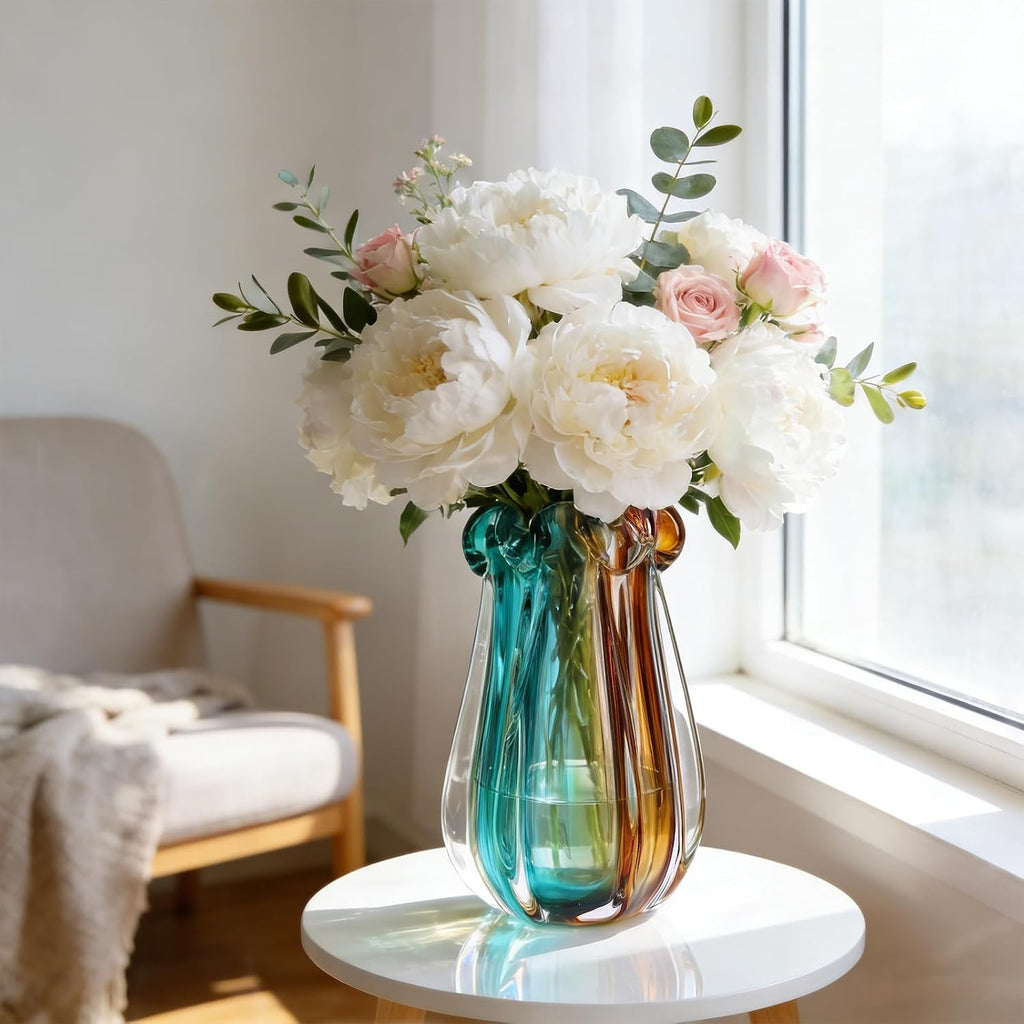 Hand Blown Glass Vase, Murano-Style Colorful Art Glass Centerpiece, Heavy Large Wide Mouth Ruffle Rim, Teal Turquoise