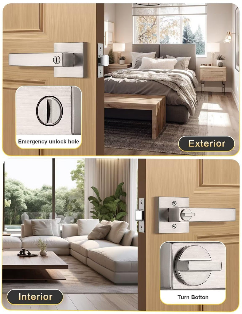4 Pack Privacy Square Brushed Nickel Door Handles Interior, Keyless Door Knobs /Bathroom, Reversible for Left Right