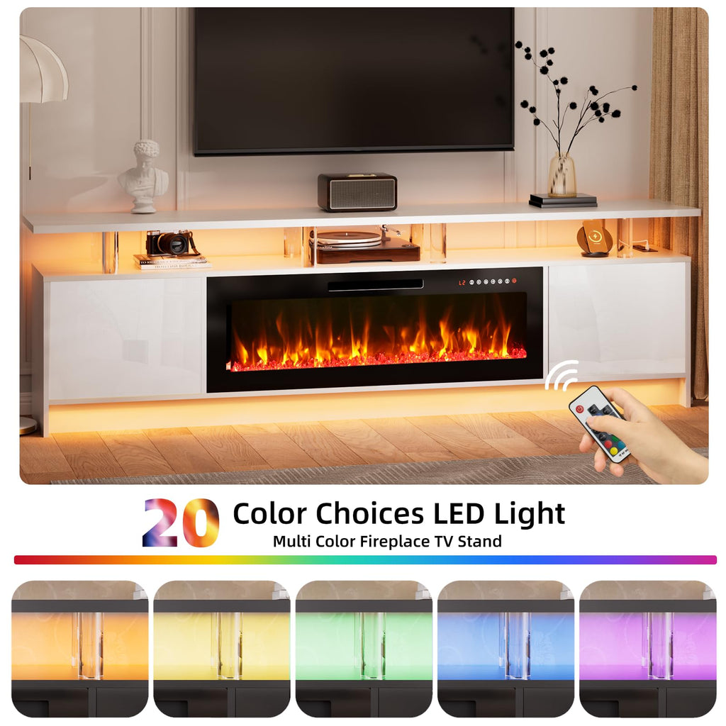 80 inch TV Stand with Electric Fireplace 42", Modern Fireplace Entertainment Center for Up to 90" TVs, LED Lights, 2