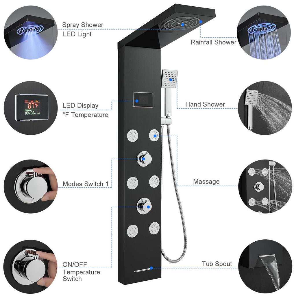 Stainless Steel Shower Panel Tower System with LED lights Black