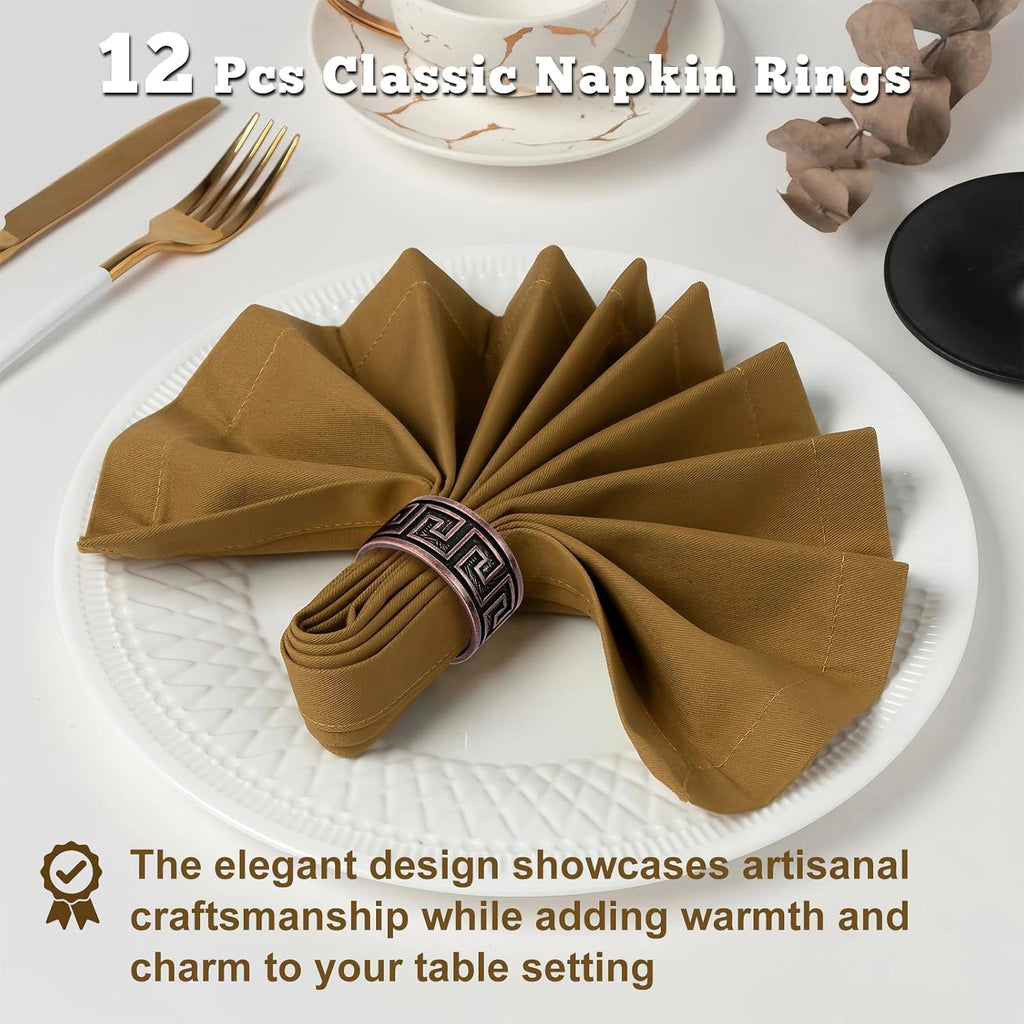 Bronze Napkin Rings, Premium Meander Napkin Rings Bulk, Greek Key Napkin Ring Bronze Alloy Holders - Set of 12