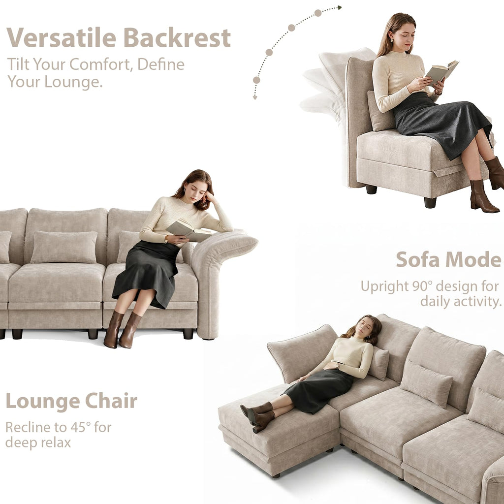 Deep Modular Sectional Sofa Sleeper 12 Person Chenille Sectional Couches with Storage Ottoman, Adjustable Arms Backs