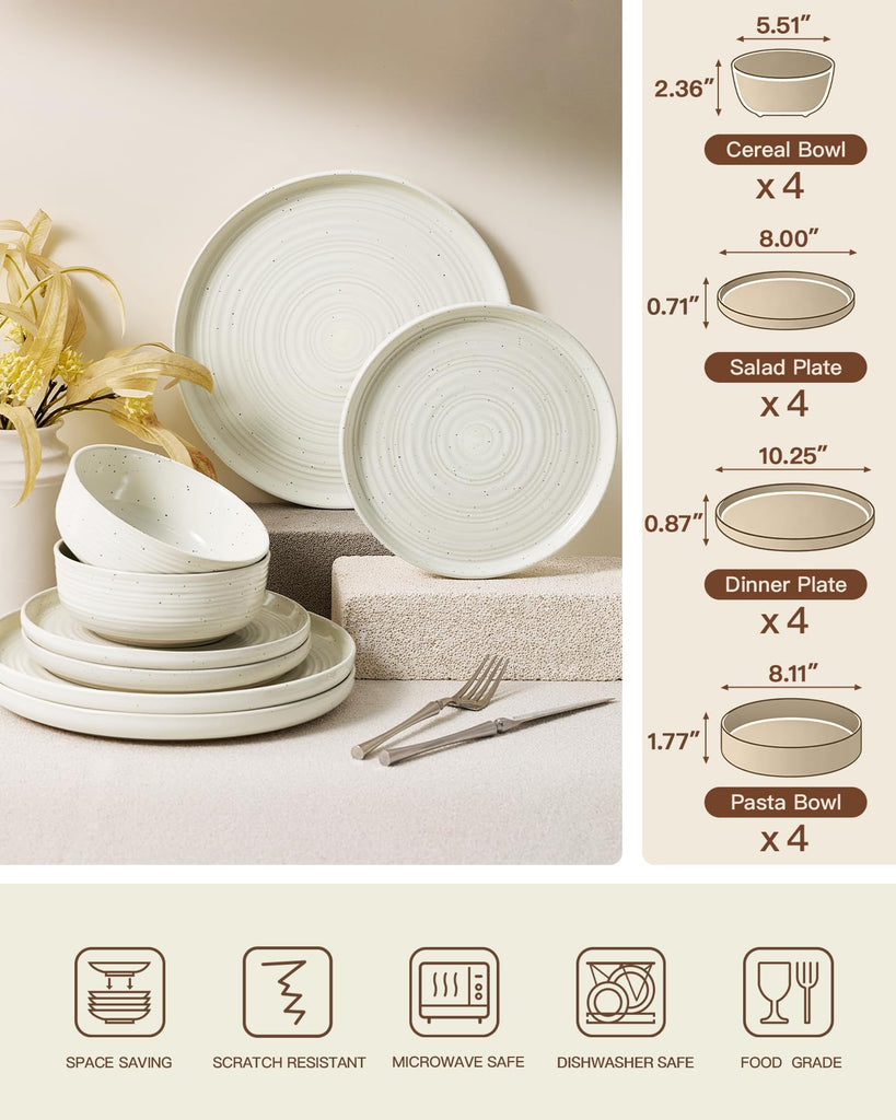 Stoneware Dinnerware Sets with Pasta Bowls, Dish Set for 4