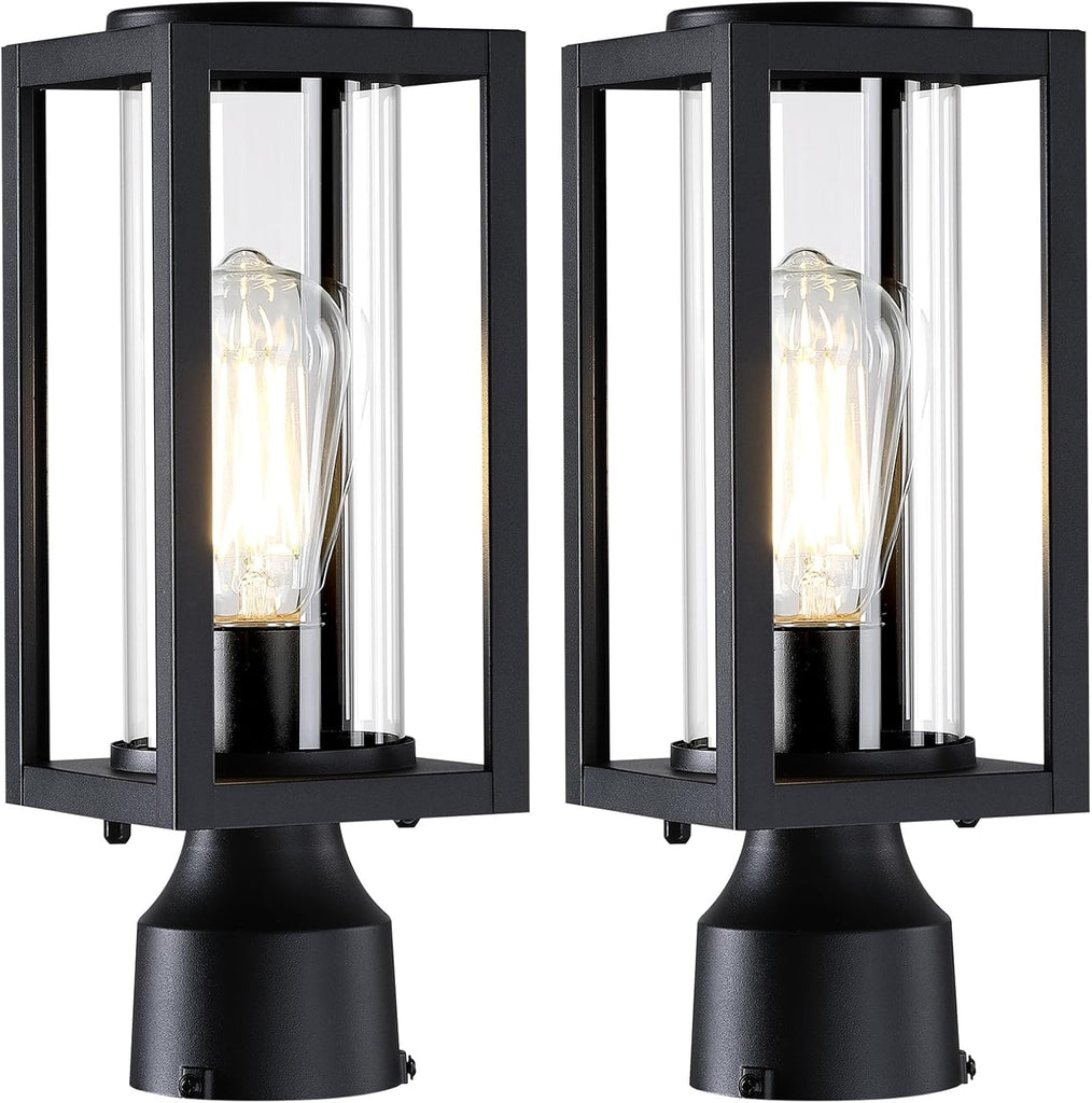 Outdoor Post Lights Lamp Post Light Fixture 2 Pack, Modern Black Exterior Post Lantern Fixture with Tempered Glass