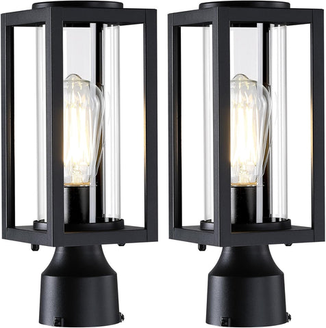 Outdoor Post Lights Lamp Post Light Fixture 2 Pack, Modern Black Exterior Post Lantern Fixture with Tempered Glass