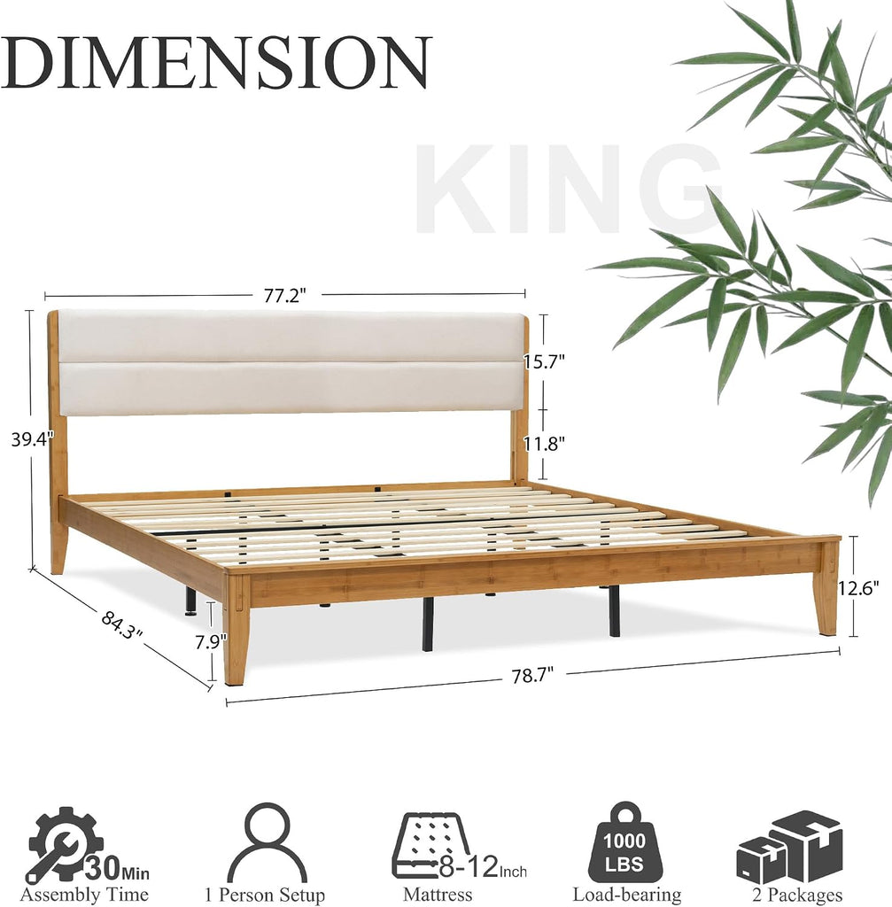 Japanese Joinery Bamboo Bed Frame King Size with Headboard