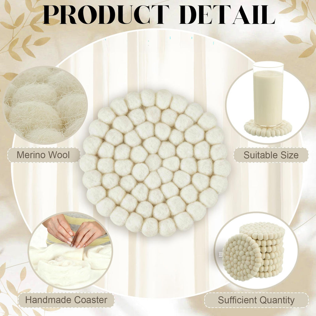 8 Pcs Round Felt Ball Coasters Cute Table Coasters Wool Absorbent Handmade Felt White & Colorful Christmas Coaster