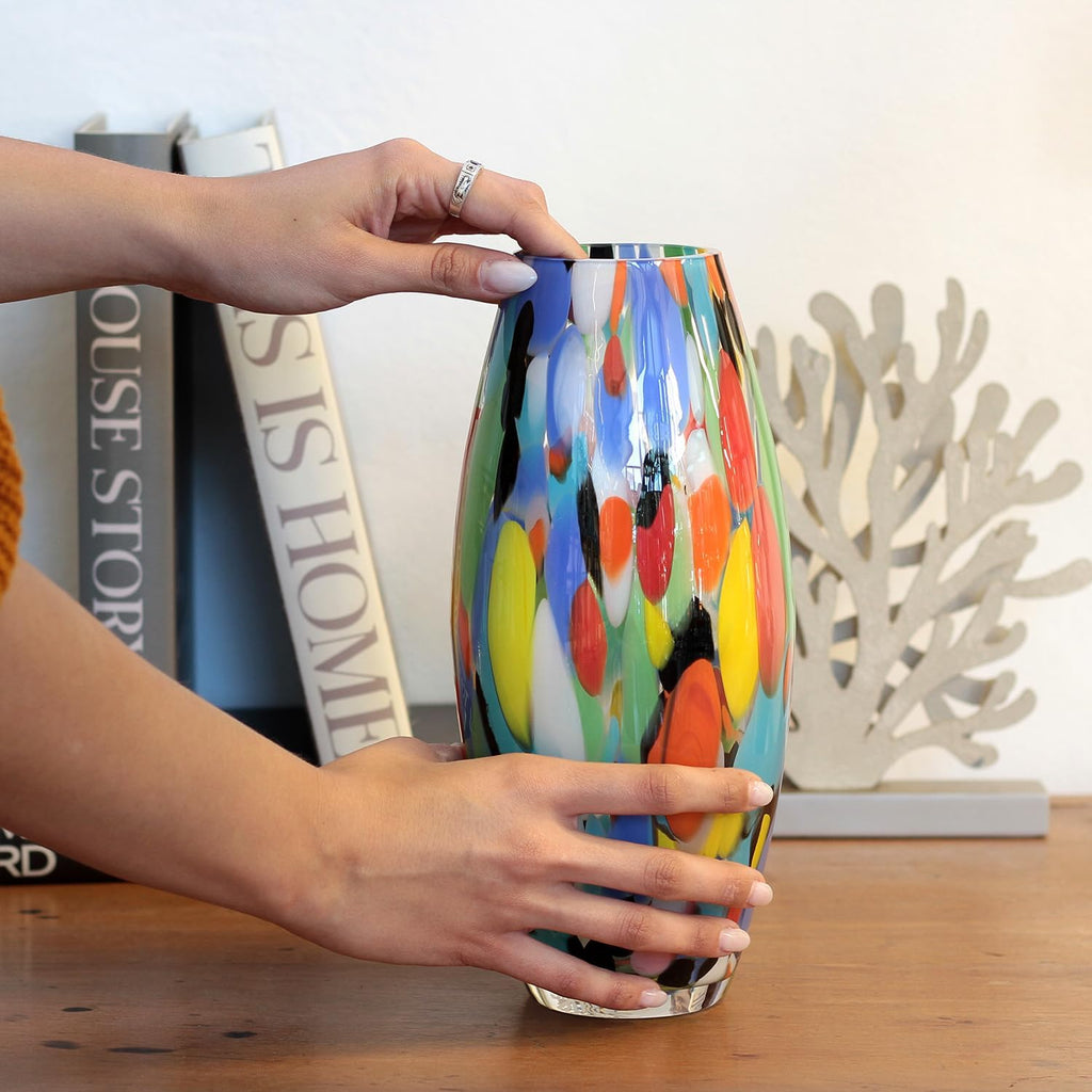 Murano Style Art Glass Vase Hand Blown Colorful Confetti Effect Home Decor | Hand Blown Glass Vase, Decorative Table