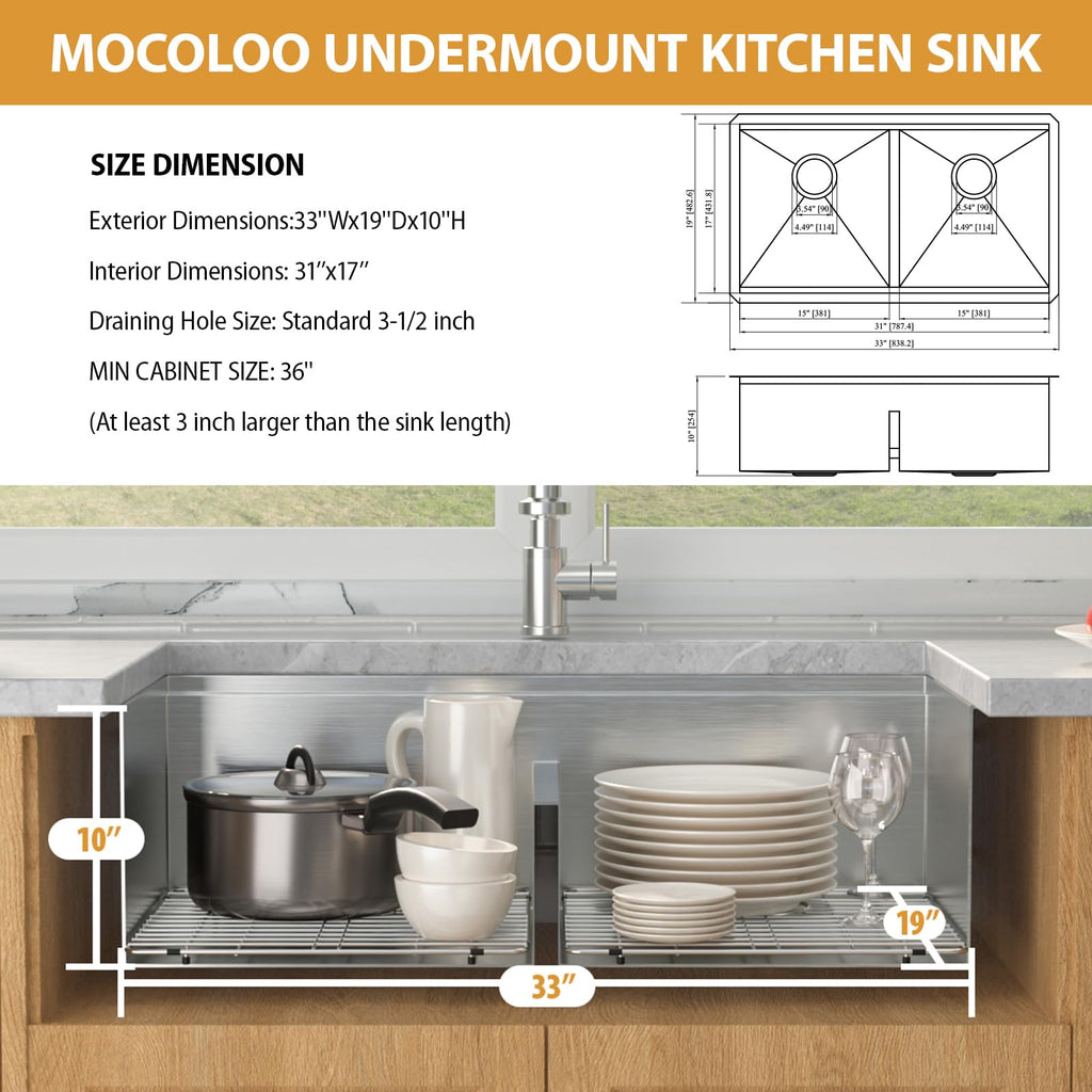 Double Bowl Kitchen Sinks - 50/50 Undermount Double Bowl 16 Gauge Low Divide Workstation 33 x 19 Inch Stainless Steel