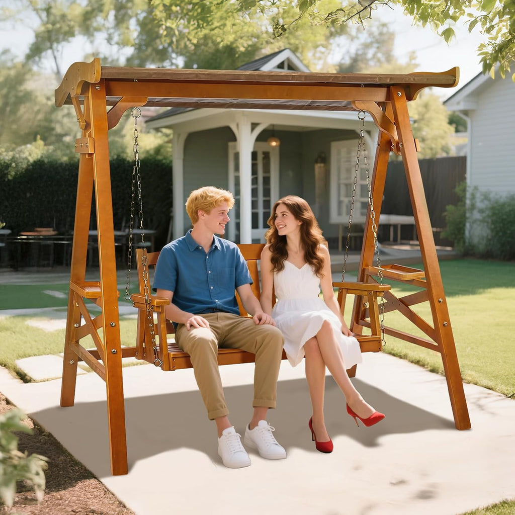 Porch Swing with Canopy and Stand, Waterproof Outdoor Swing, Brown | Waterproof Sunshade Canopy; Stable Swing Frame;