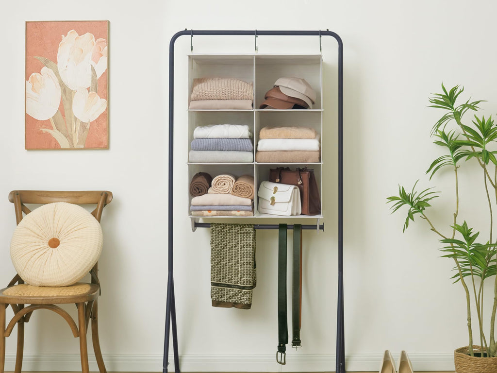 Hanging Closet Organizer with Rod, 6 Sections, 3 Tiers