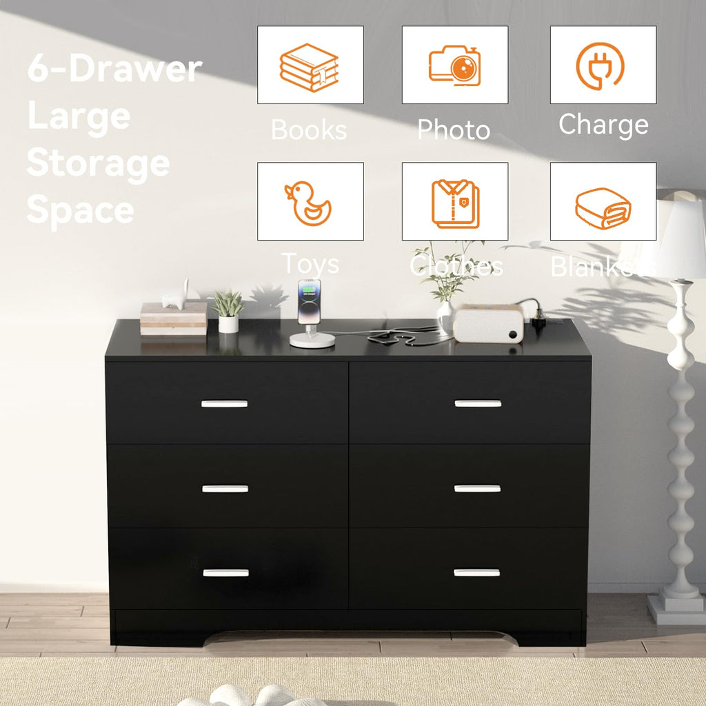 Dresser with Power Outlets Wooden 6 Drawer Dresser with USB and Type C Port Chest of Drawers Tall Black Organizer
