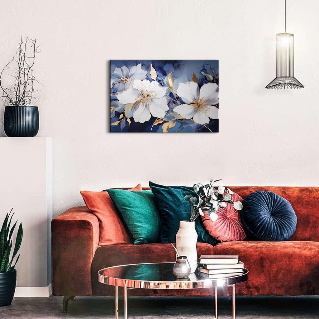 Abstract Flower Canvas Wall Art Blue and Gold Wall Decor Modern Marble Floral Picture Canvas Prints Bedroom
