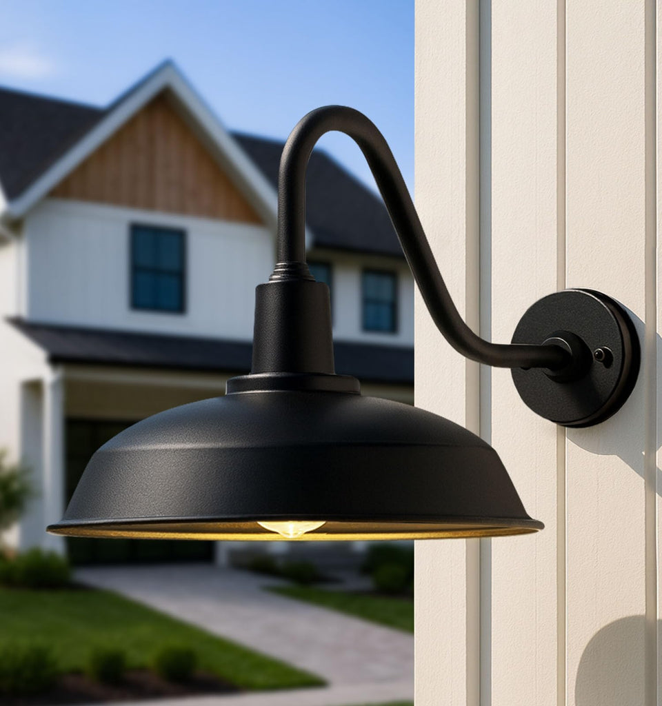 15" Black Outdoor Gooseneck Barn Light, Farmhouse Wall Light