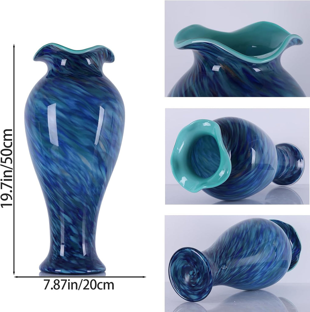 Hand Blown Glass Vase, Large Blue Glass Vase, Modern Glass Art Decor for the Living Room Coffee Table, Dining Table