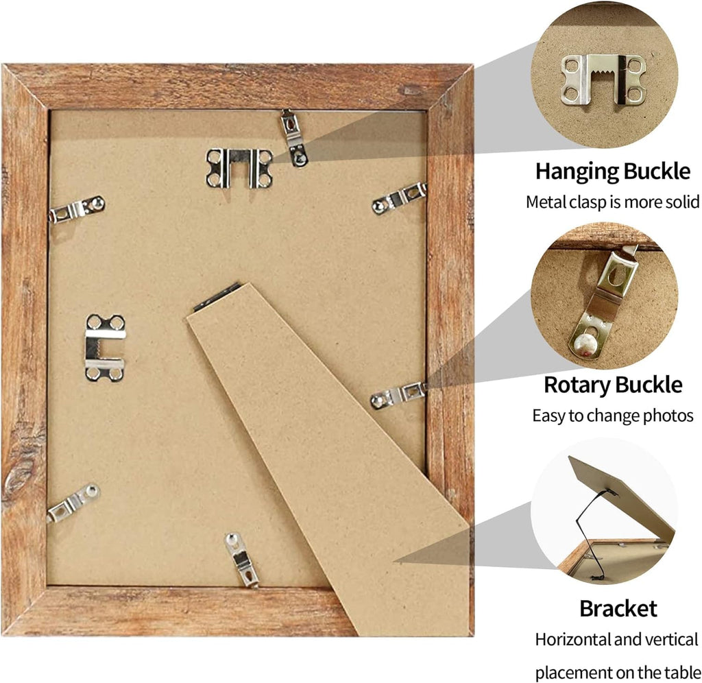 8x10 Picture Frame Set of 2, High Definition Real Glass Rustic Brown Wood Frame, Display Pictures 5x7 with Mat or 8 x