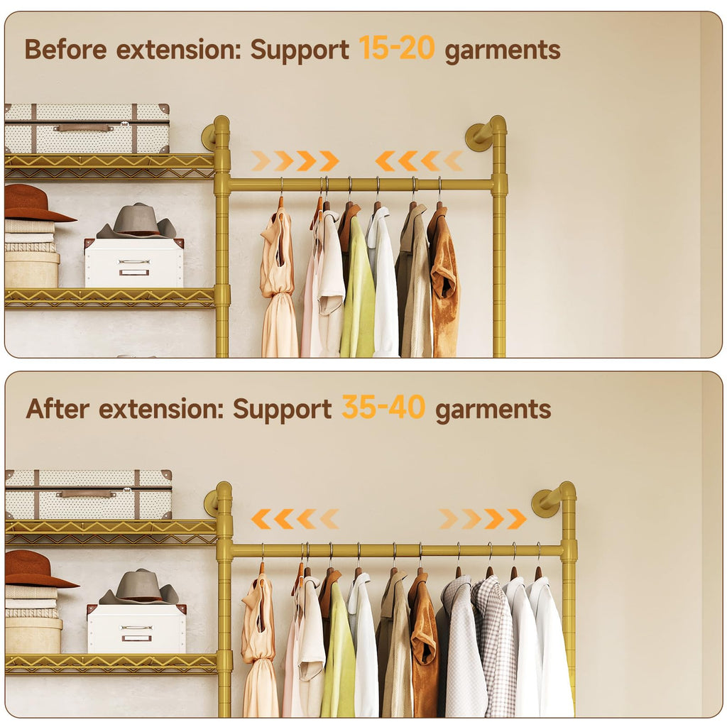 H2 Wall Mounted Clothes Rack, Expandable Metal Closet System(Gold)
