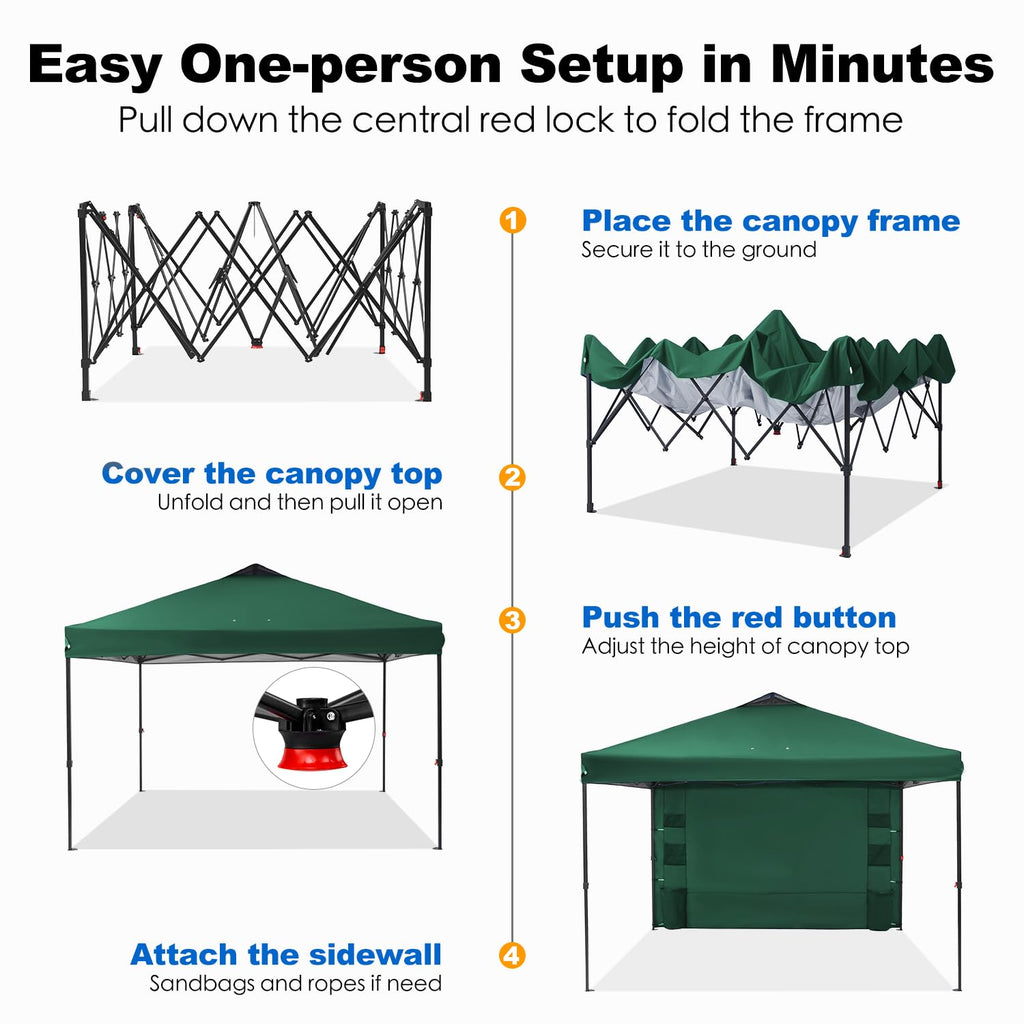 Pop Up Canopy Tent Outdoor Sidewall One Push (Green, 12X12)