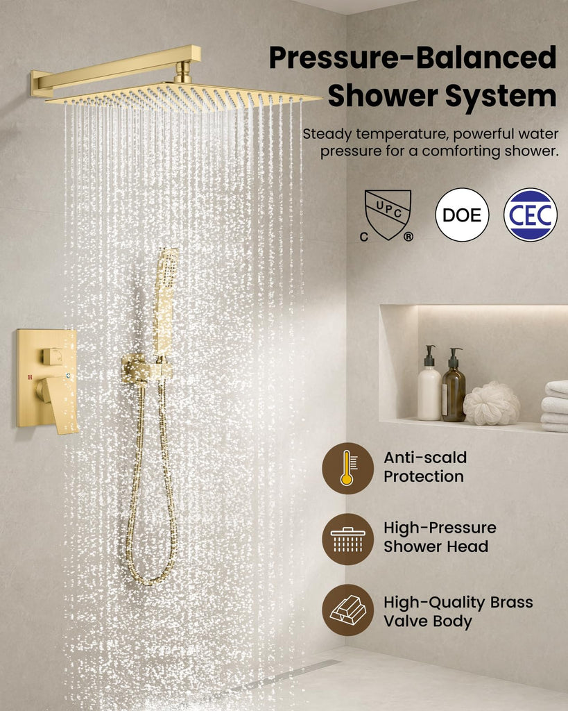 Shower Faucet Set with Handheld Spray Brushed Gold, 16'' Head