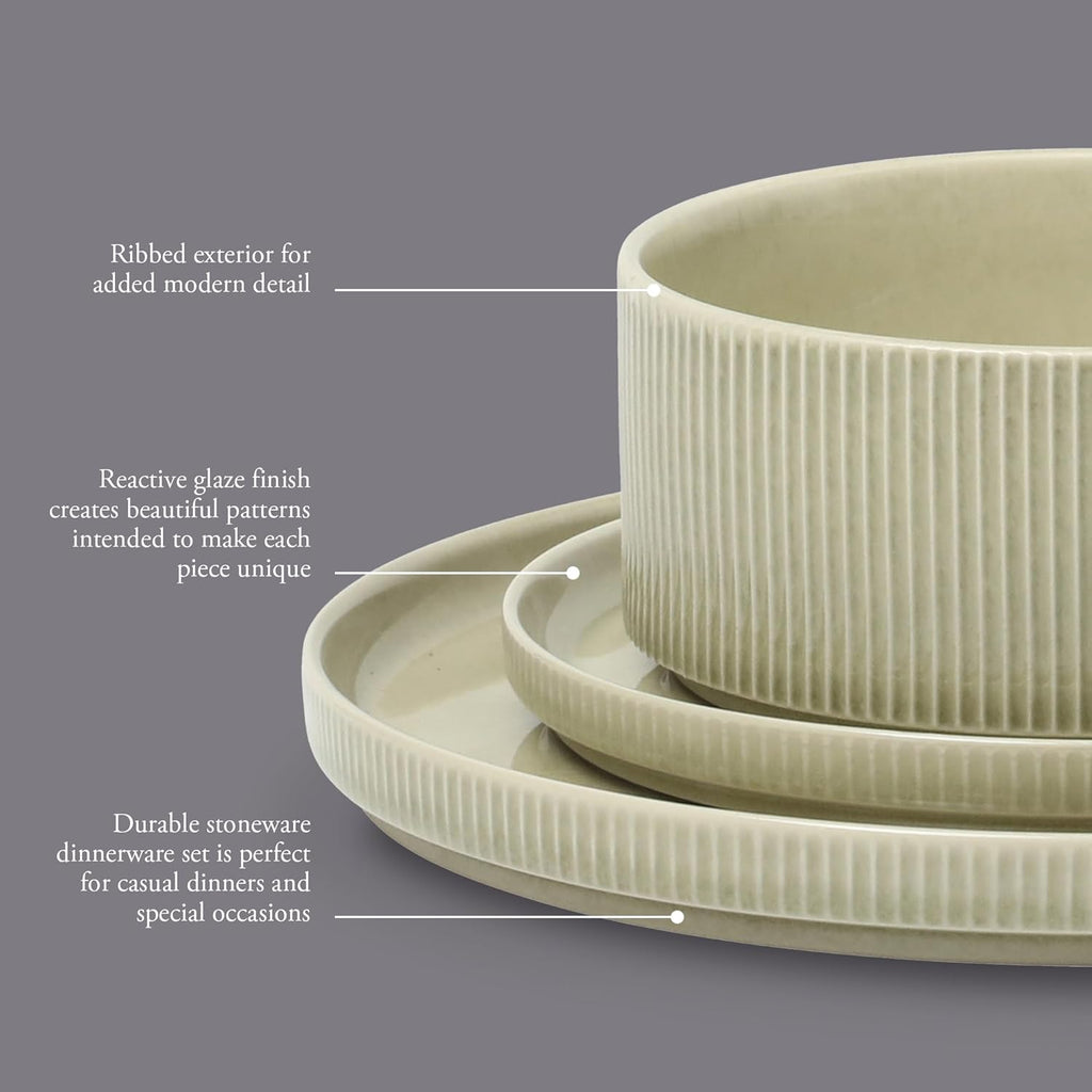 Solana Coast 12 Piece Stoneware Reactive Glaze (Service for 4) Ceramic Plates and Bowls Modern Shape Embossed