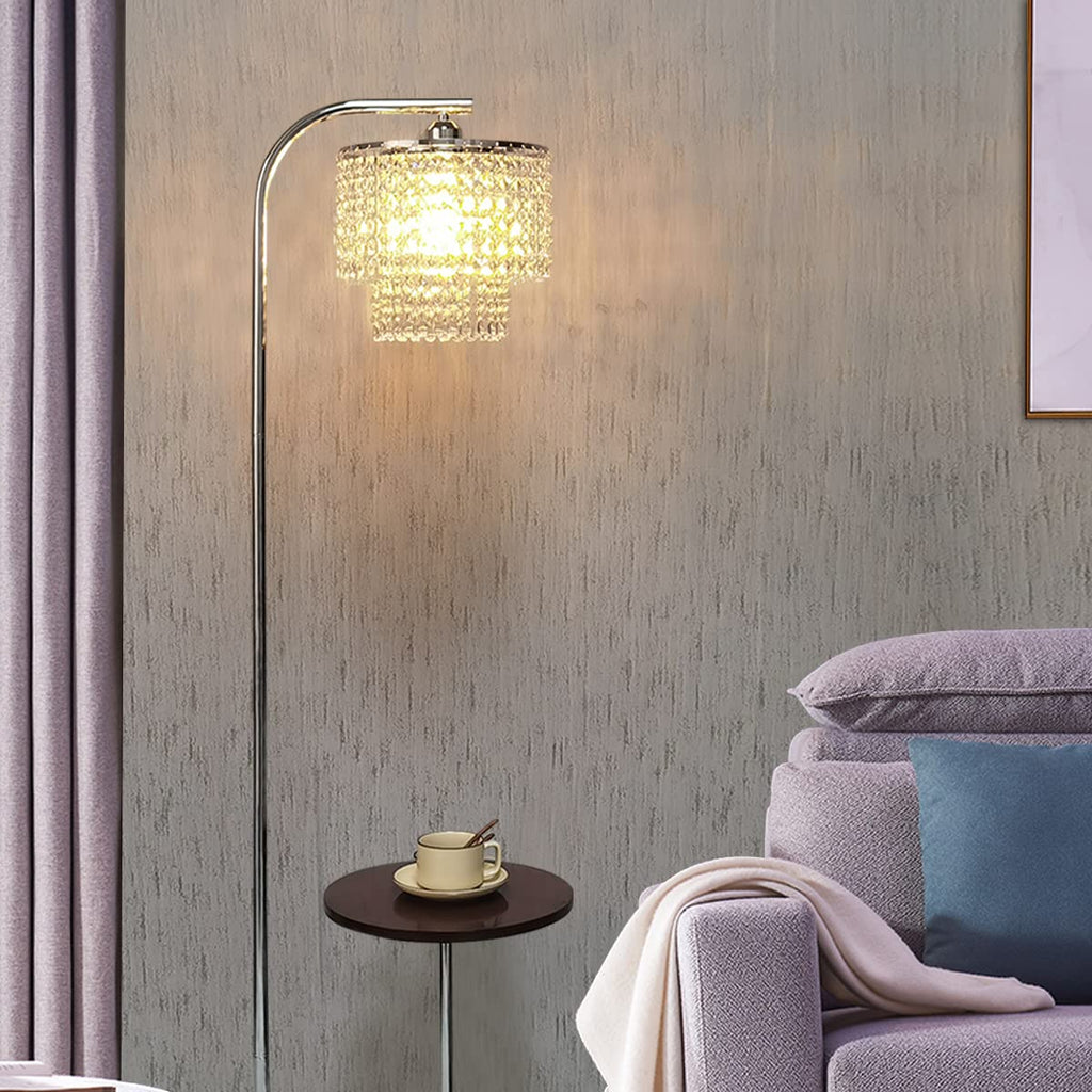Arc Crystal Floor Lamp - Marble Base Modern Tall Stand Up Light with Table, Contemporary Over the Couch Chrome Lamp