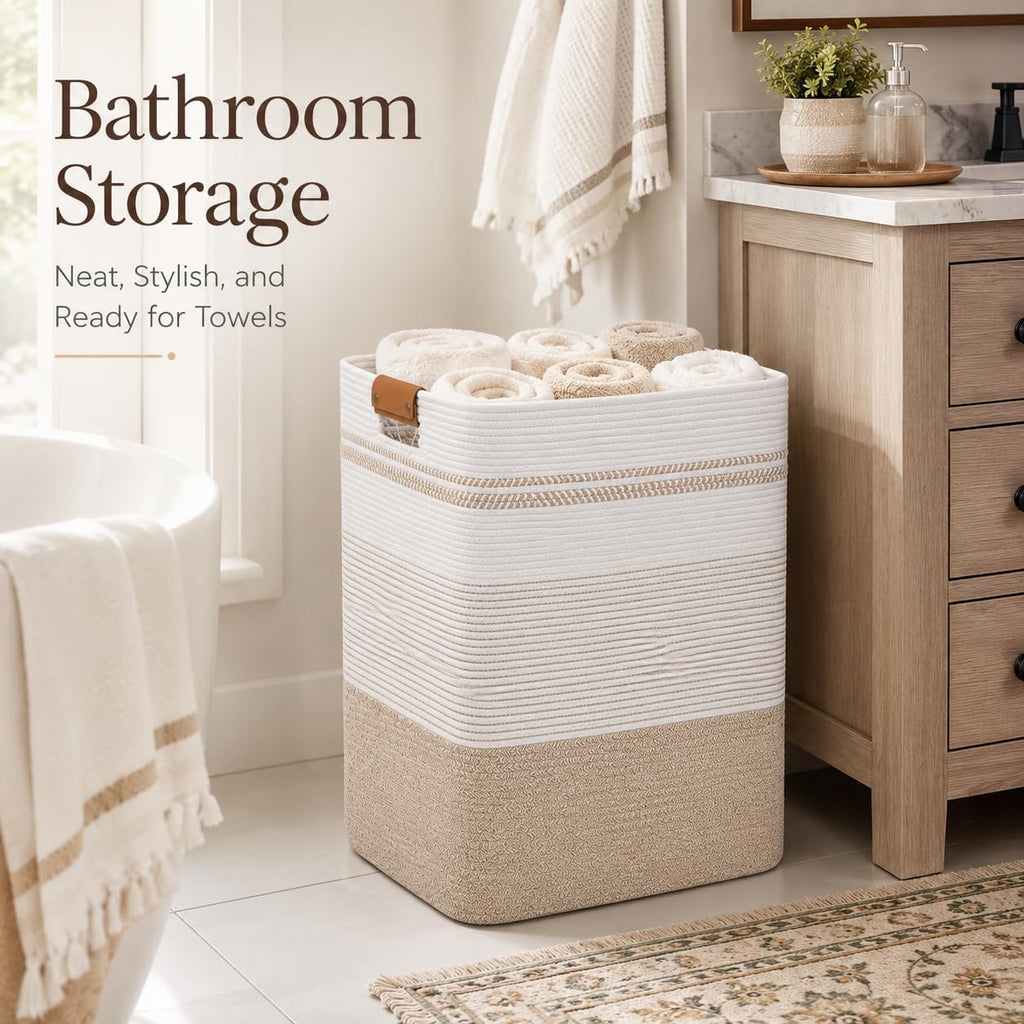 Laundry Hamper, Cotton Rope Laundry Basket with Leather Handles, 21.1-Gallon/80 L Large Clothes Hampers for Laundry
