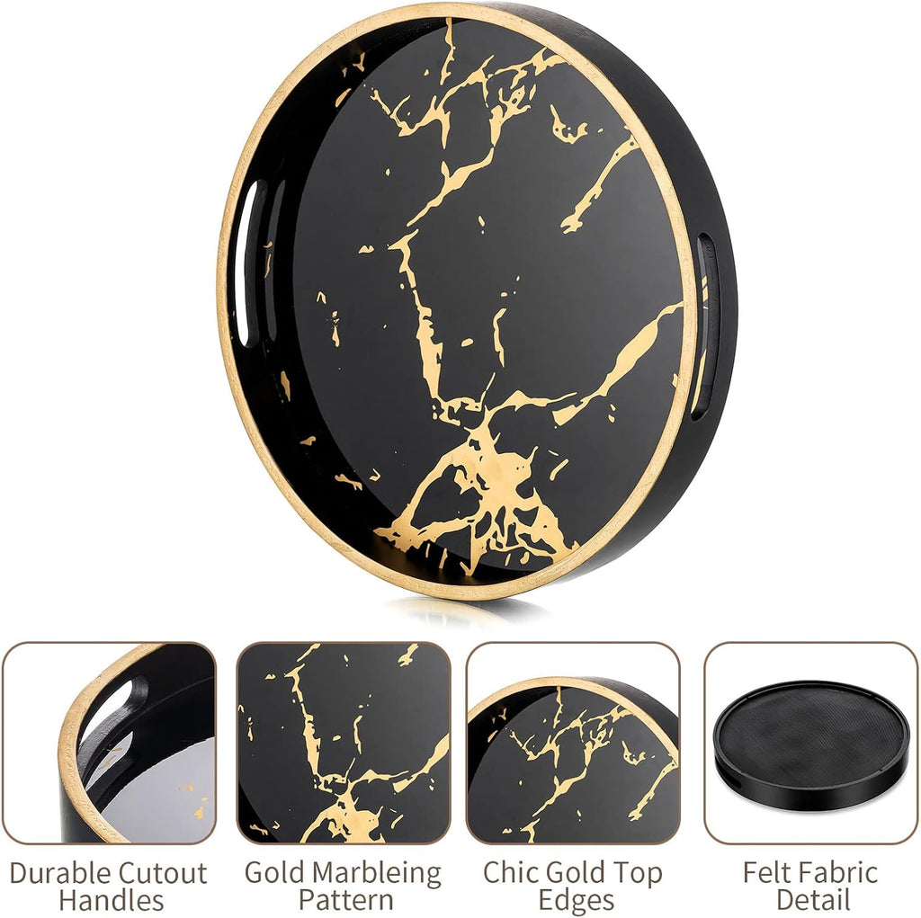 Round Decorative Coffee Table Tray , Black Marble Finish | 11.8" Modern Circle Tray with Handles Counter, Living Room