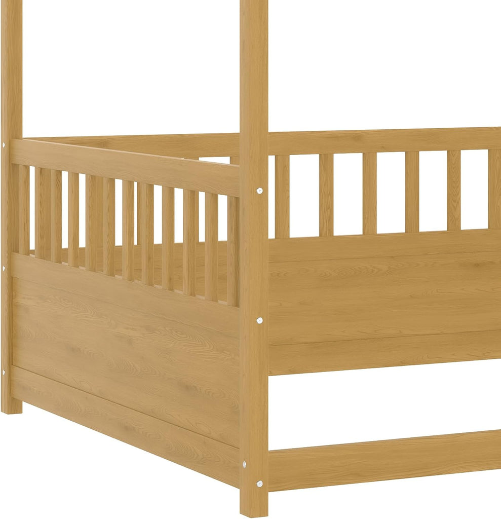 Canopy Bed Frame with 4 Posters and Guardrails, Montessori Floor Bed with High Fence, Natural