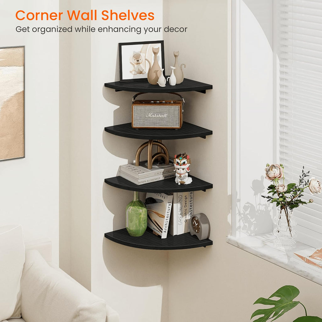 Corner Shelf Wall Mount, 4 Tier Rounded Corner Floating Shelves, 12 Inch Deep Hanging Corner Shelf Storage, Wood