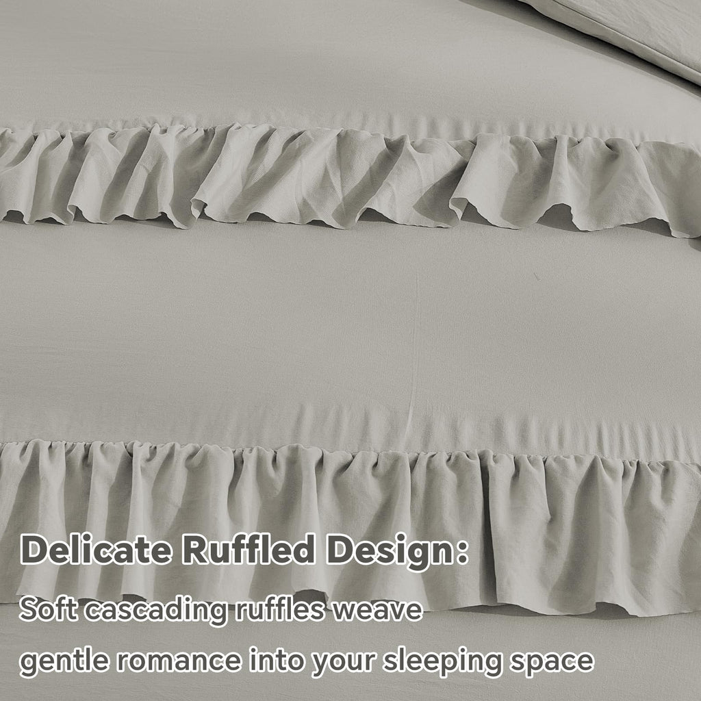 Grey Ruffle Comforter, 4 Pieces Farmhouse Bedding Set