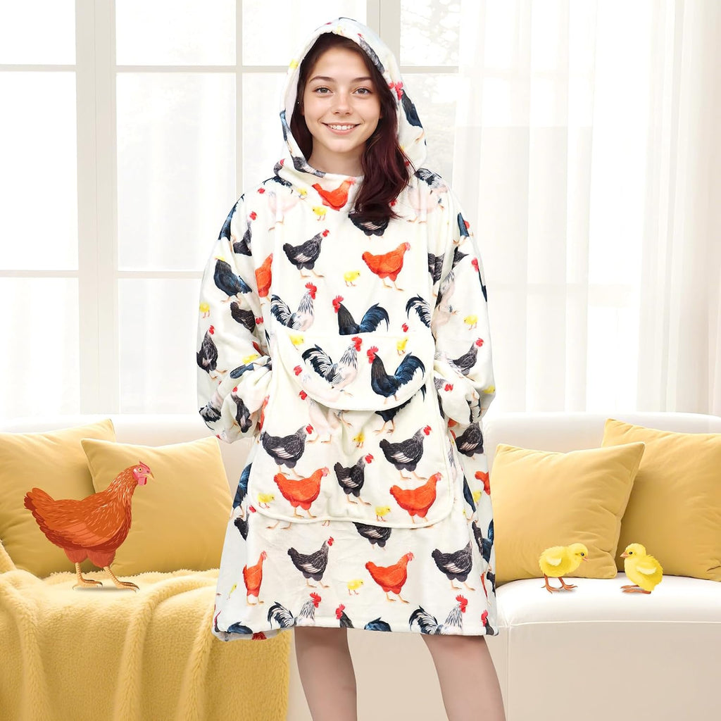 Chicken Wearable Blanket Hoodie for Women - Funny Hooded Blanket with Oversized Pocket - Chicken Decor Gifts for