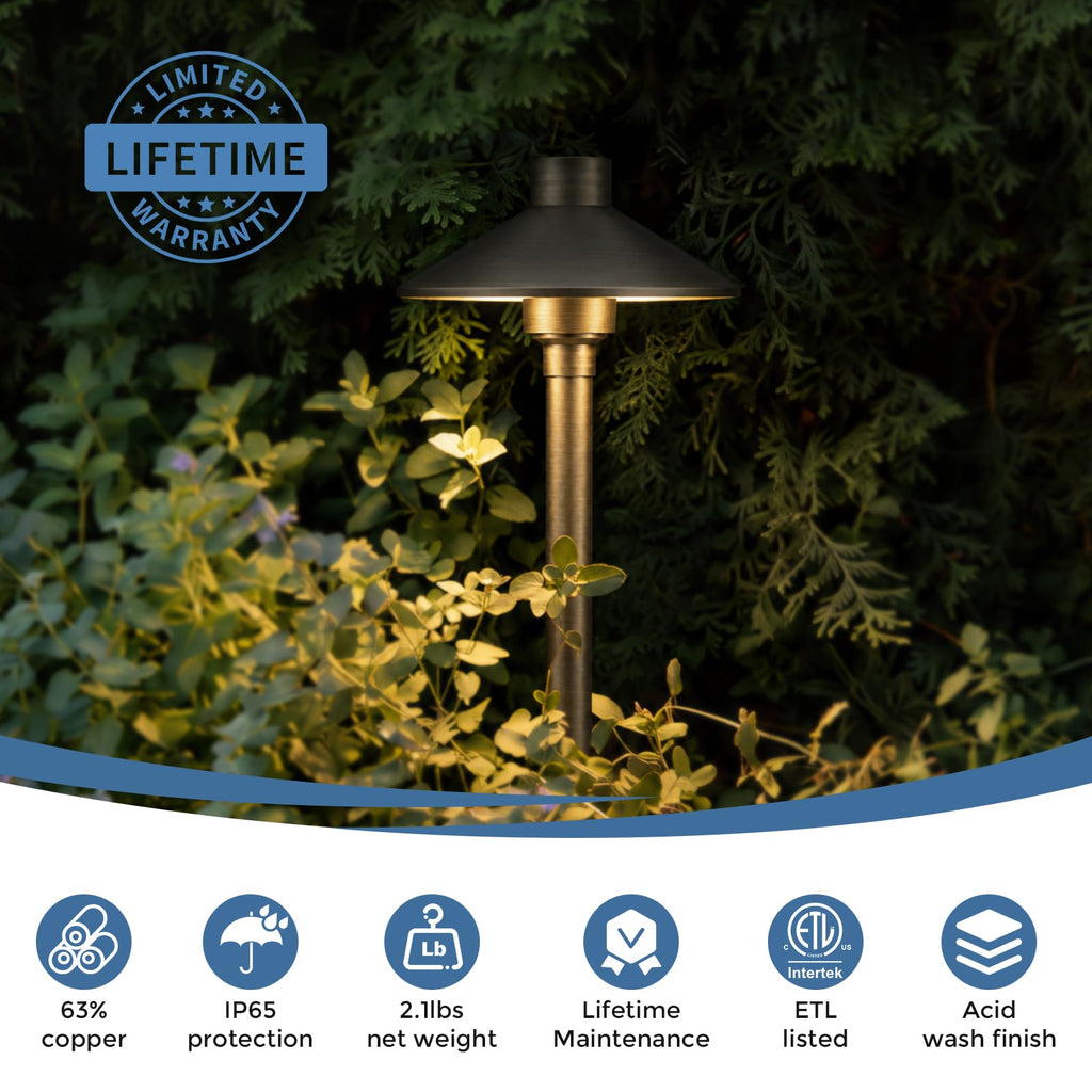 Solid Brass Low Voltage Landscape Pathway Lights (6.7'' Shade, 21.9'' Tall), 12V Commercial Grade LED Path Lights