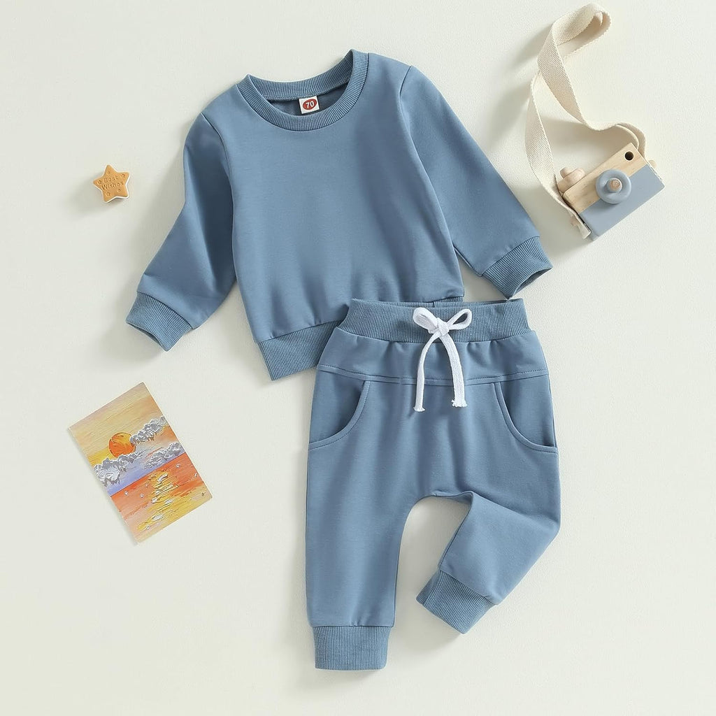 Toddler Baby Boys Fall Outfits Long Sleeve Pull On Sweatshirt Elastic Waist Pants 2Pcs Solid Clothes Set