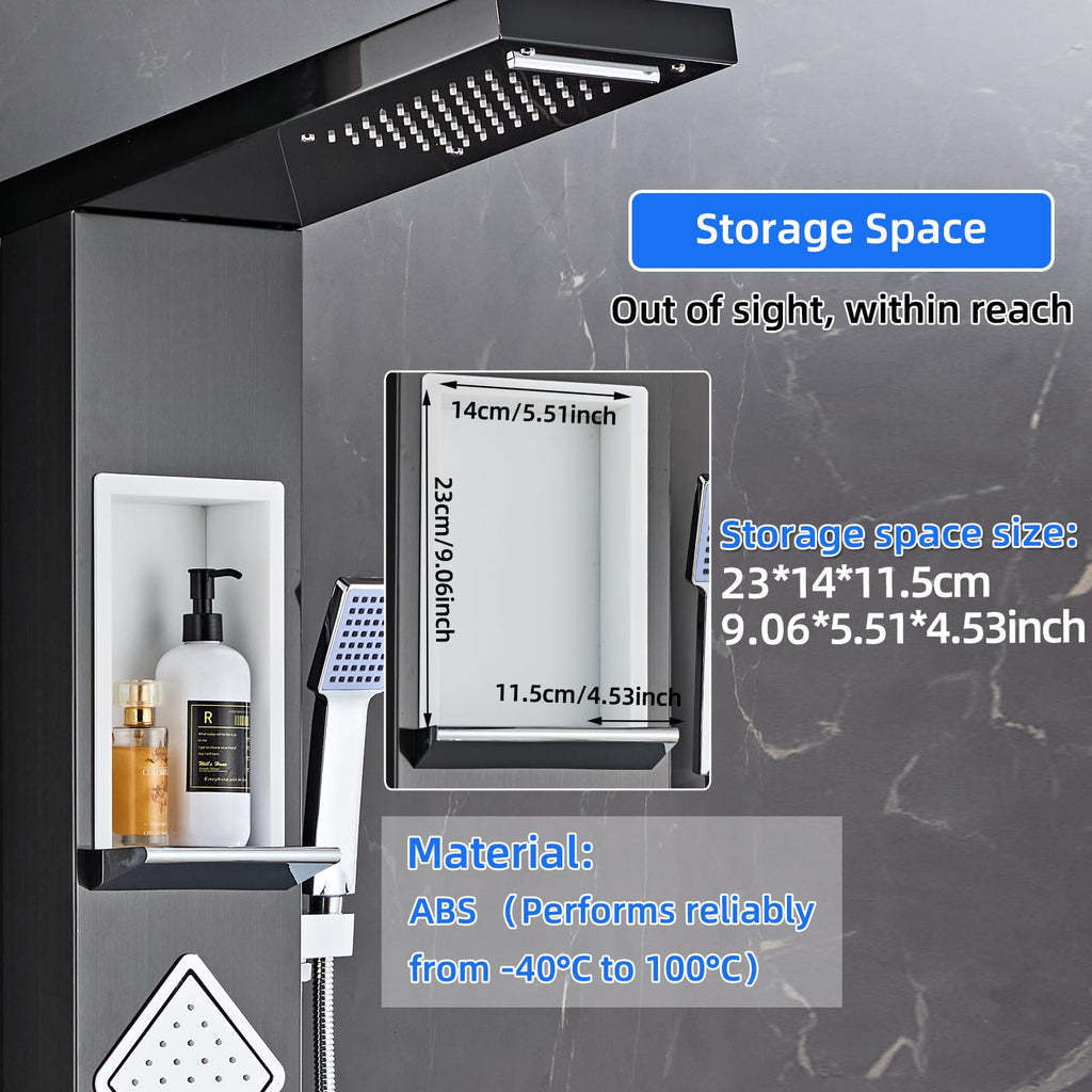 Shower Panel Tower System with Storage- Brushed Black