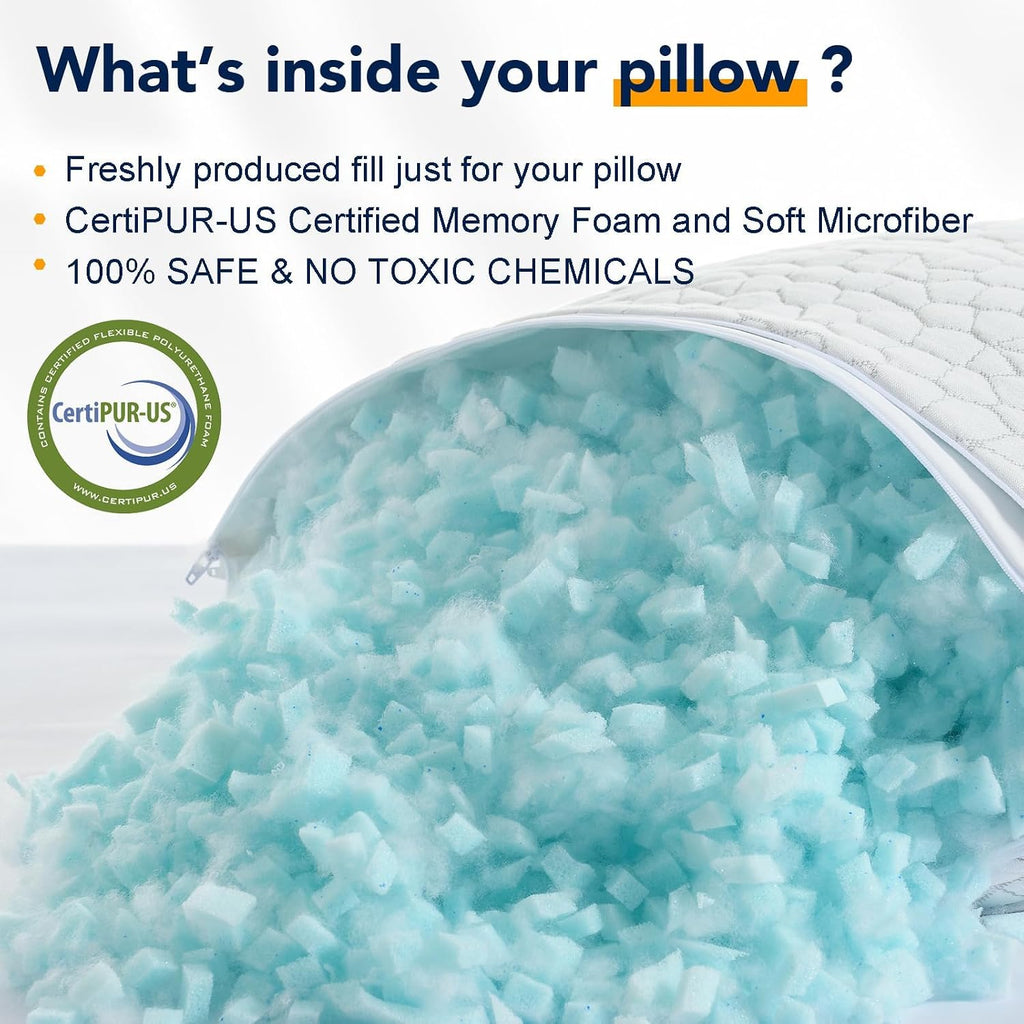 Cooling Memory Foam Pillows Queen Set of 2, Adjustable Shredded Memory Foam,Bed Pillows for Sleeping with Breathable